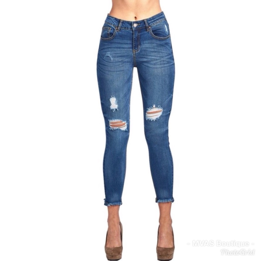 Medium Wash Frayed Bottom Jeans| MAKE A OFFERm - Picture 3 of 8